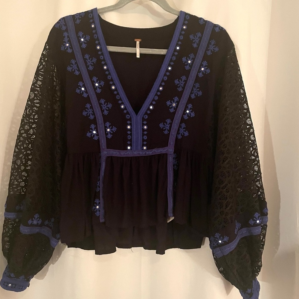 Free People Boogie All Night Embroidered Lace Black and Blue Blouse